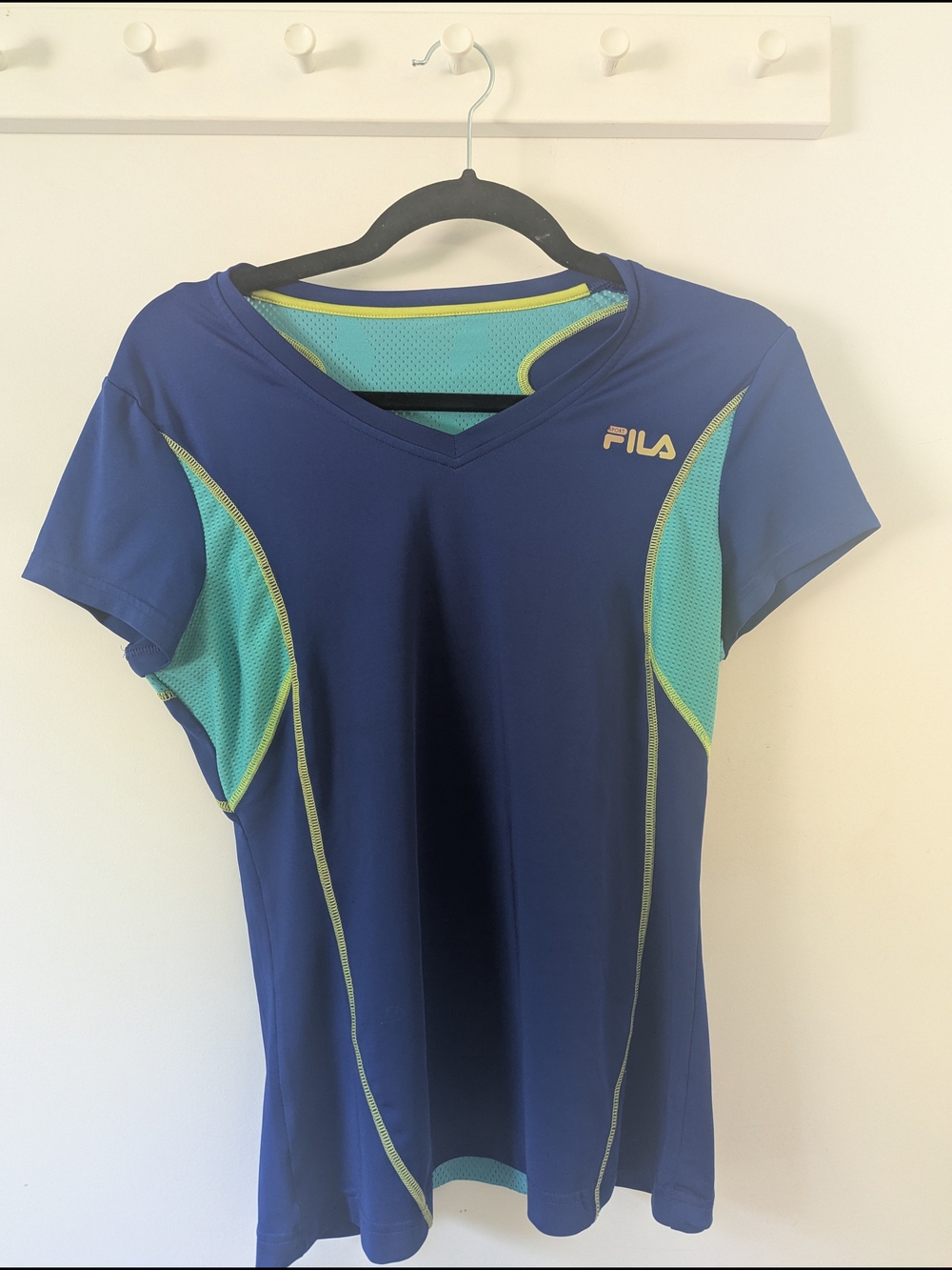 FILA Women’s Navy Blue Performance V-Neck Top with Aqua Accents